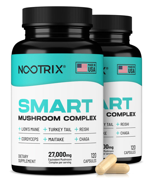 Nootrix Smart Mushrooms bottle front shows a 27,000mg blend for cognitive support.