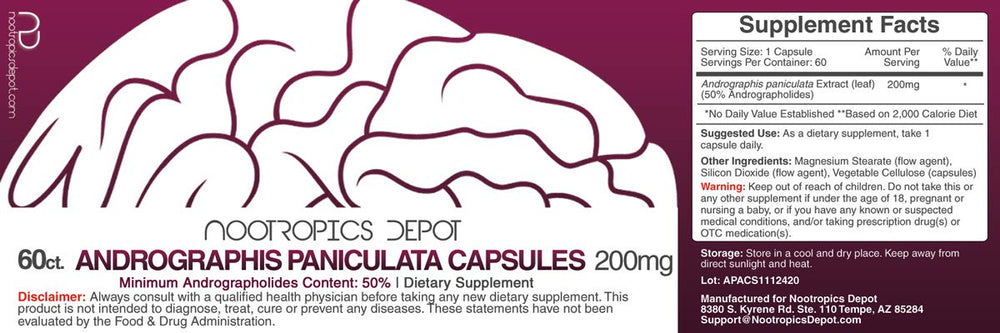 Nootropics Depot Andrographis capsules close-up showing 200 mg dose