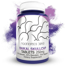 Nootropics Depot Baikal Skullcap 250mg bottle shown for daily cognitive support.