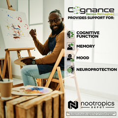 Nootropics Depot Cognance packaging box highlights 180-count bottle and value