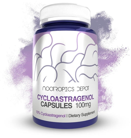 Nootropics Depot Cycloastragenol label close-up for cellular health support.