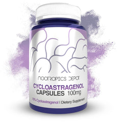 Nootropics Depot Cycloastragenol label close-up for cellular health support.