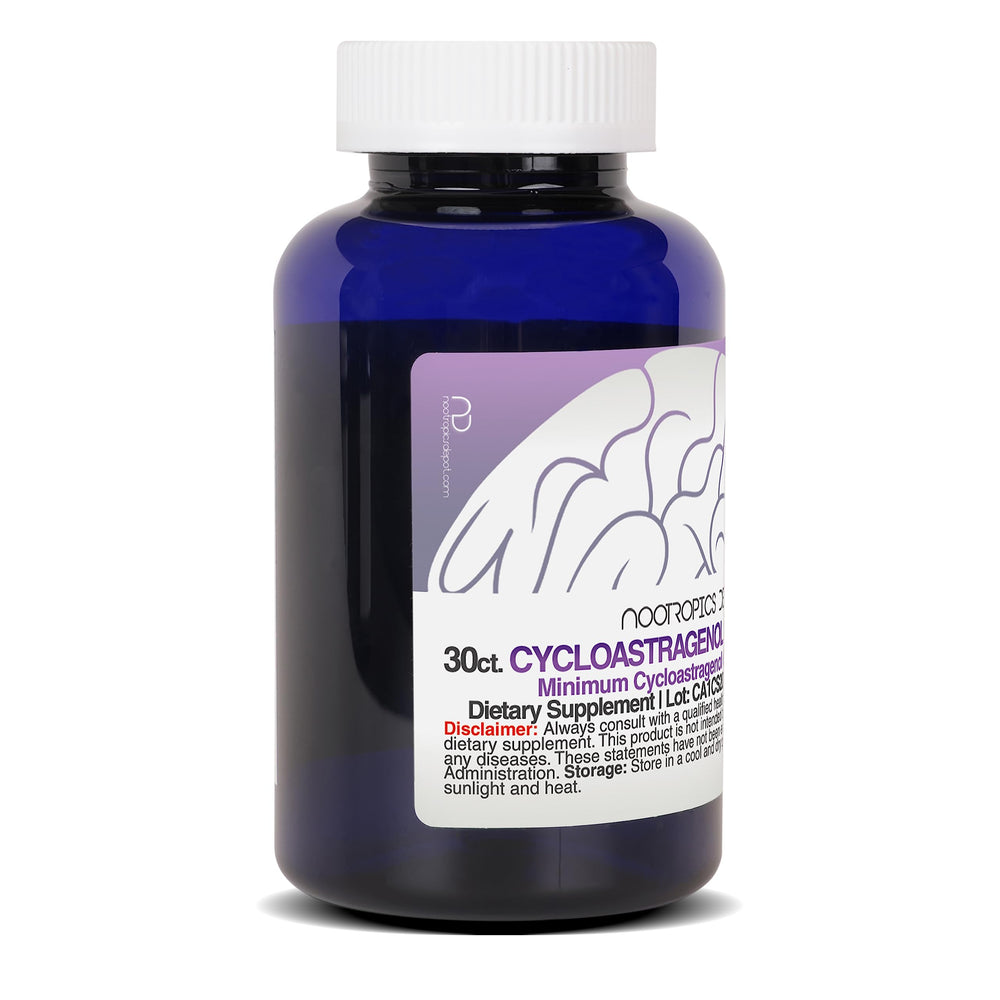 Nootropics Depot Cycloastragenol ingredients panel emphasizes purity and lab-tested quality.