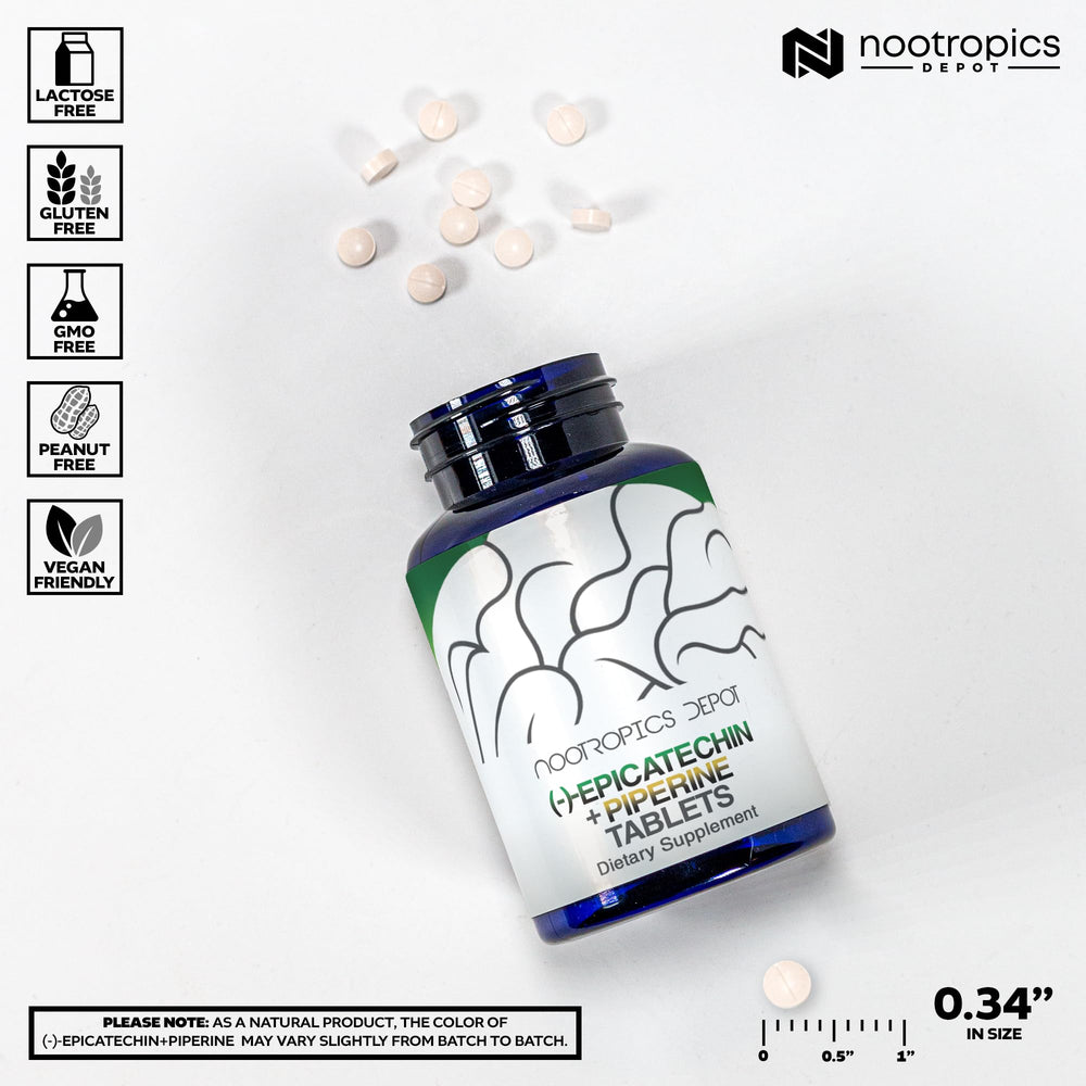 Nootropics Depot Epicatechin tablets back label with supplement facts and cardiovascular notes.