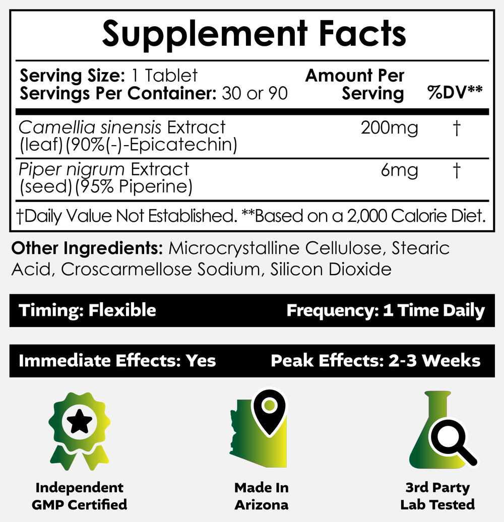 Nootropics Depot Epicatechin tablets front label emphasizes bioavailability and ingredients.