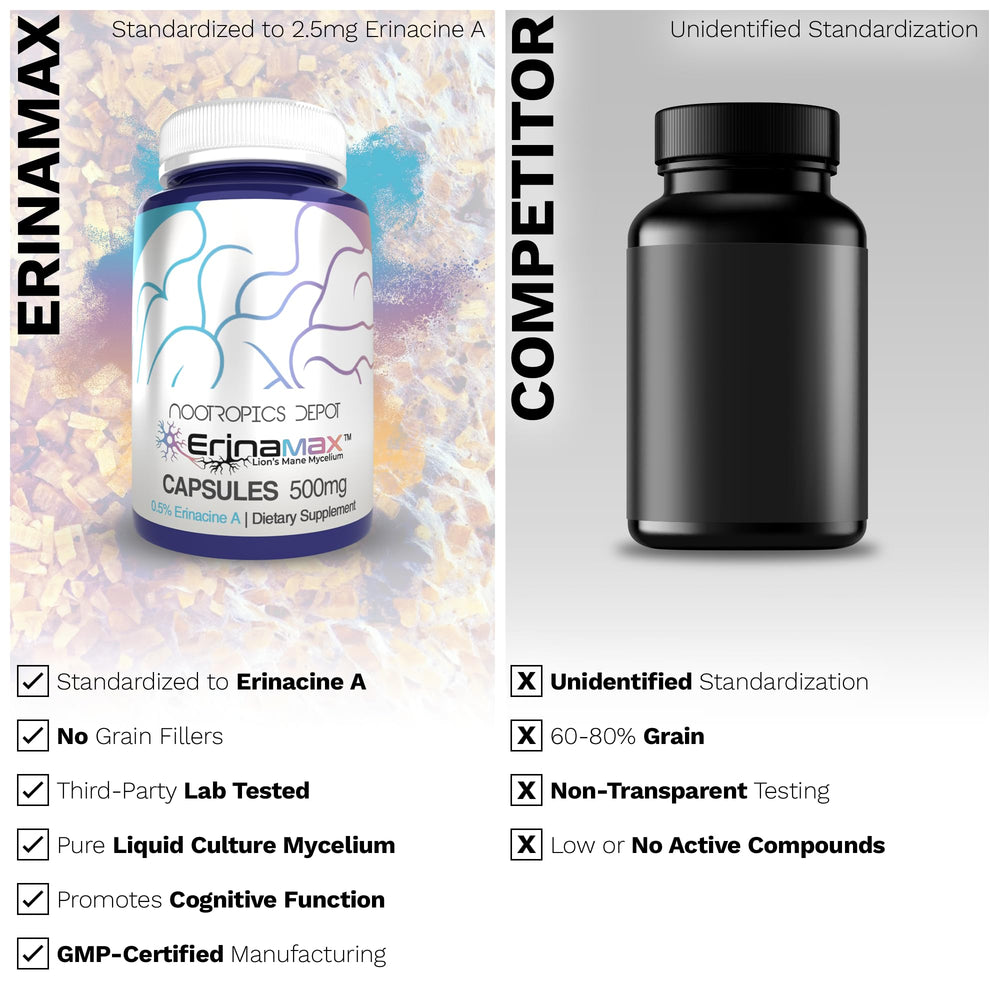 Erinamax bottle beside brain imagery to evoke mood and focus.