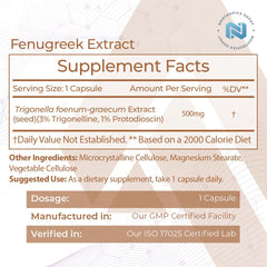 Nootropics Depot fenugreek bottle label highlights trigonelline and protodioscin for focus.
