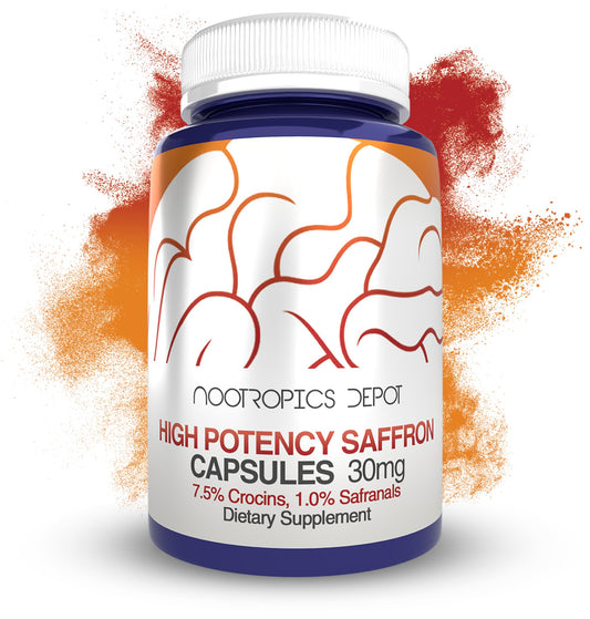 Nootropics Depot saffron capsules bottle close-up suggesting mood balance potential.