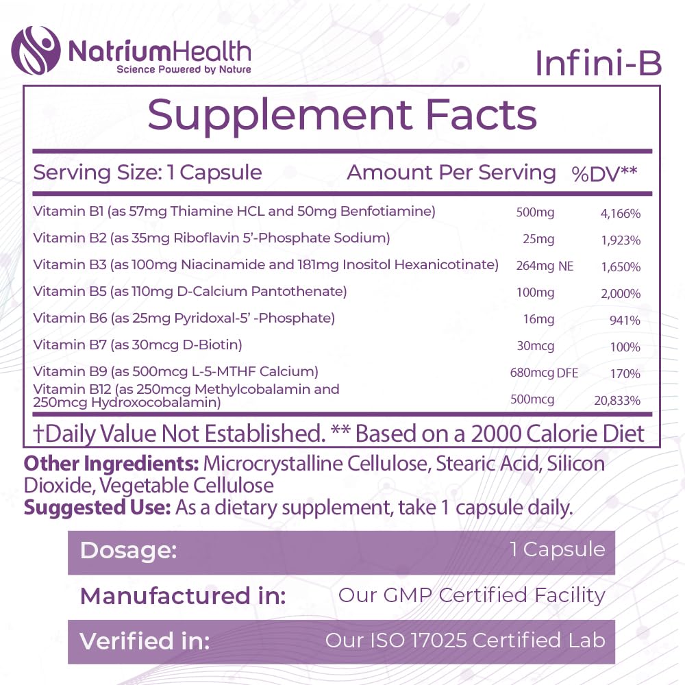 Nootropics Depot Infini-B Advanced B-Complex label close-up showing vitamin spectrum