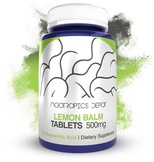 Nootropics Depot Lemon Balm Extract Tablets bottle showing a 120-count supply for daily calm.
