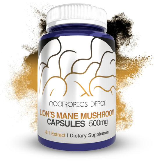 Nootropics Depot Lions Mane bottle closeup showing 500mg capsules for daily cognitive support