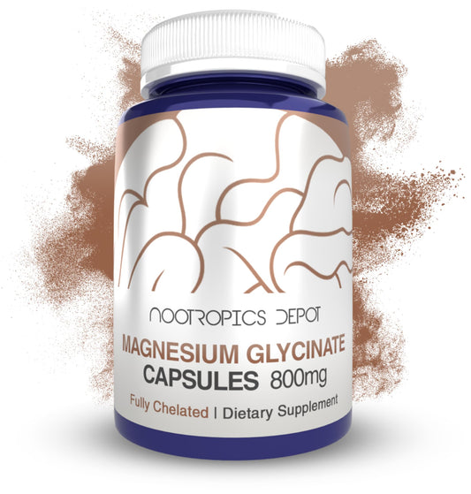Nootropics Depot magnesium glycinate capsules in bottle highlighting convenient daily intake
