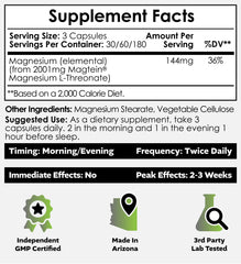 Close-up of Nootropics Depot Magtein label highlights purity and quality.