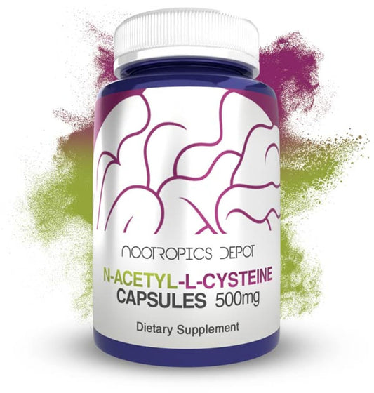 Nootropics Depot NAC capsules bottle front showing 500 mg dosage for liver support