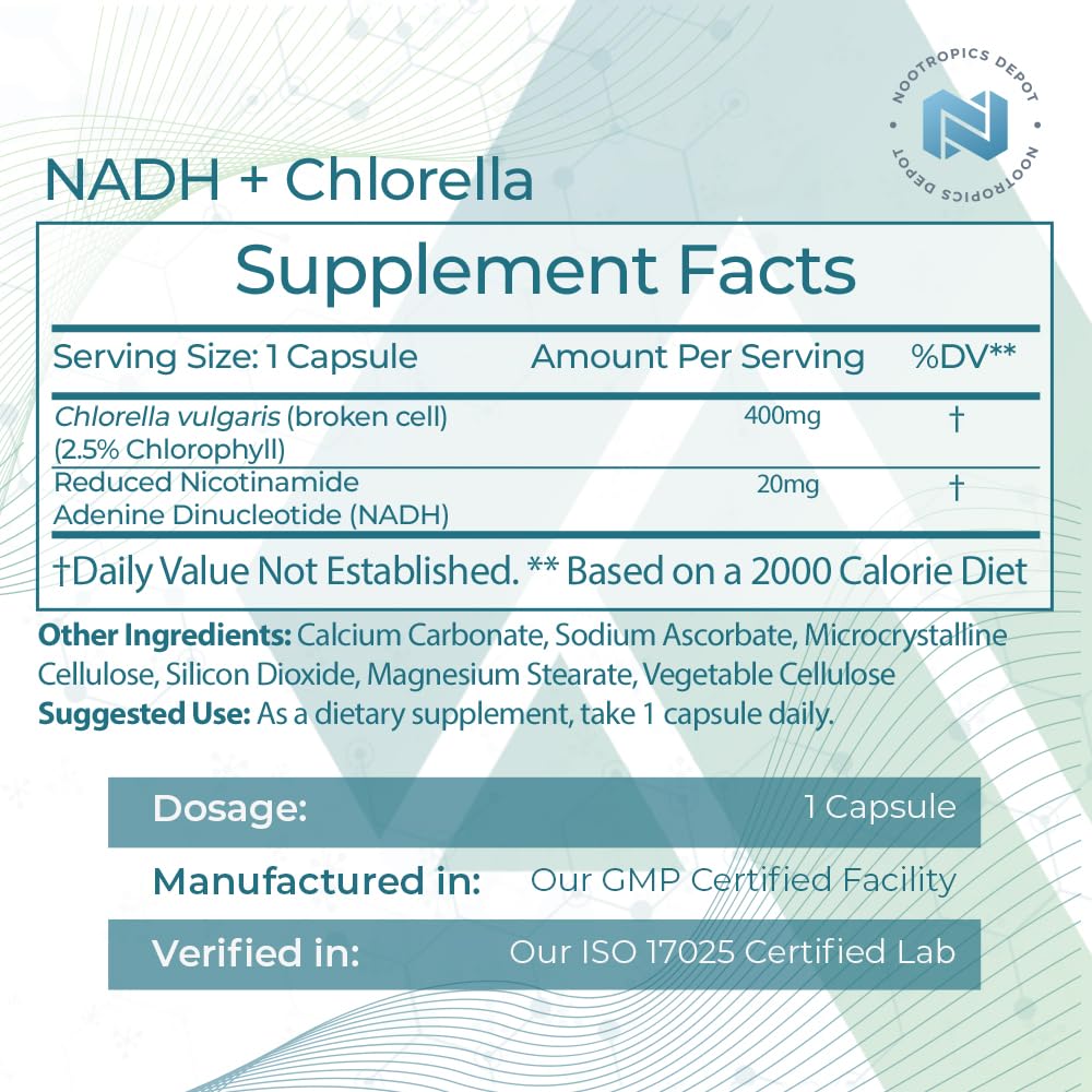 Nootropics Depot NADH + Chlorella 400mg capsules for sustained energy.