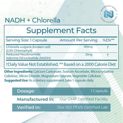 Nootropics Depot NADH + Chlorella 400mg capsules for sustained energy.