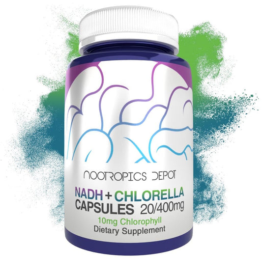 Nootropics Depot NADH + Chlorella bottle supports daily energy and focus.