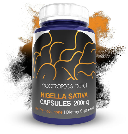Nootropics Depot Nigella Sativa capsules in bottle front suggesting brain support potential