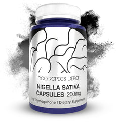 Nootropics Depot Nigella Sativa capsules bottle close-up, highlighting purity for daily use.