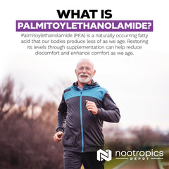 Nootropics Depot Palmitoylethanolamide bottle open with capsules visible for easy dosing.