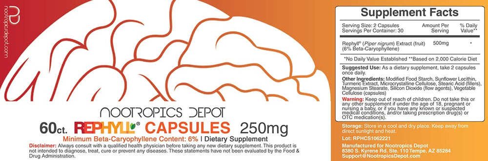 Nootropics Depot Rephyll label highlights beta-caryophyllene content