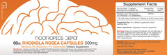 Nootropics Depot Rhodiola Rosea capsules label highlights Rosavins and potency per capsule.