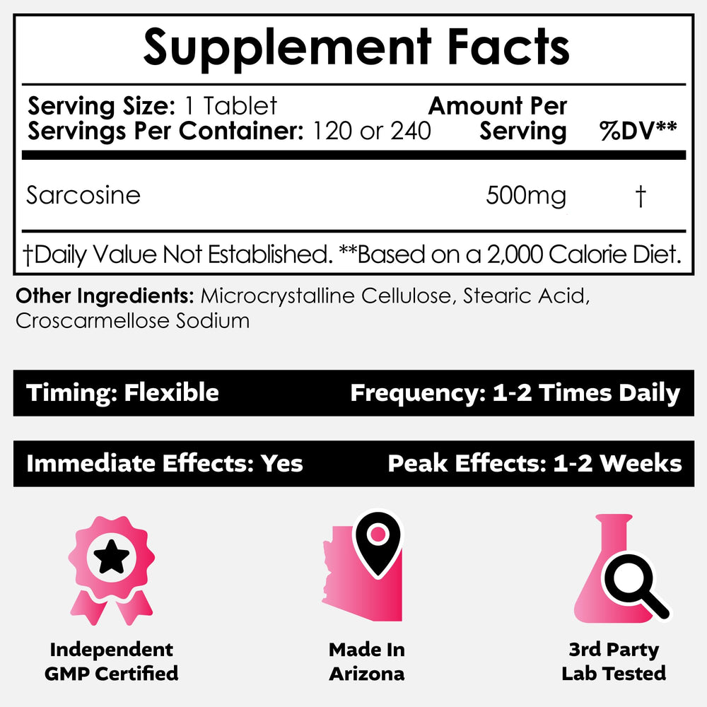 Nootropics Depot Sarcosine tablets 500mg label close-up – supports cognitive function