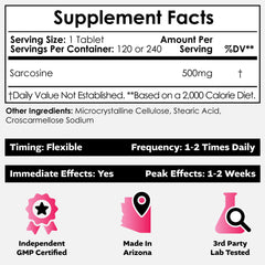 Nootropics Depot Sarcosine tablets 500mg label close-up – supports cognitive function