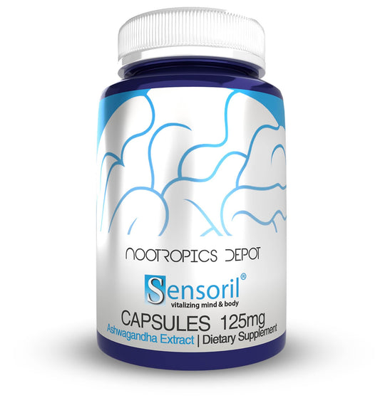 Nootropics Depot Sensoril Ashwagandha capsules bottle front for daily energy support