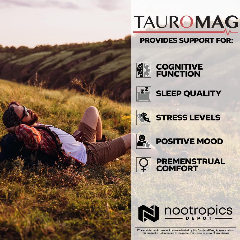 Nootropics Depot Tauromag bottle open with capsules ready for nightly routine