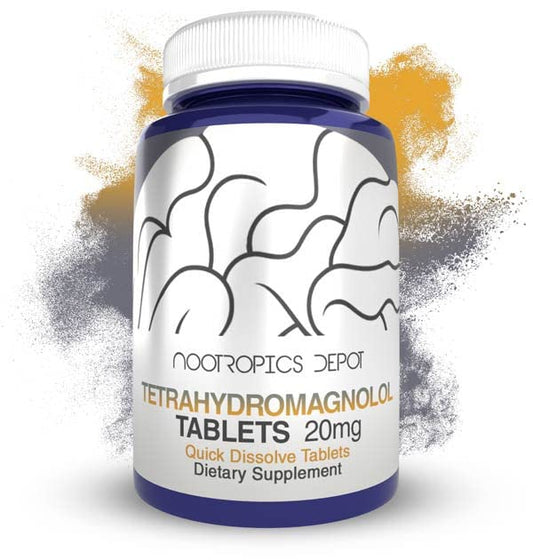 Nootropics Depot Tetrahydromagnolol quick-dissolve bottle showing mood support potential