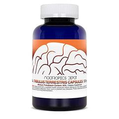 Closeup of Nootropics Depot Tribulus capsules showing the 60 count pack.
