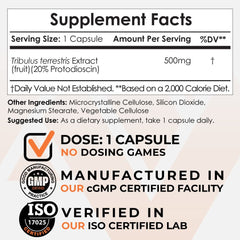 Tribulus label focus emphasizing 20 percent protodioscin content.