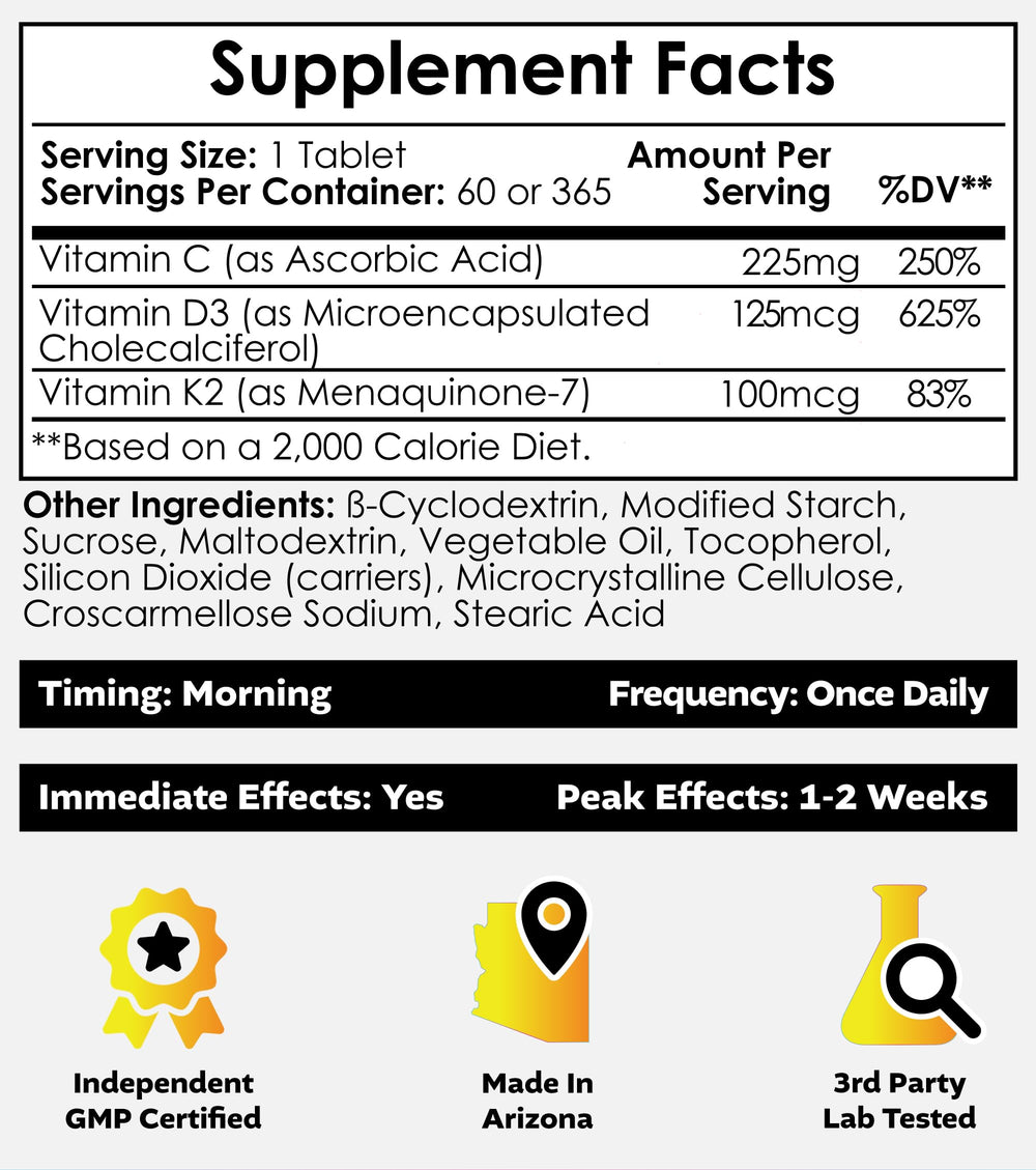 Nootropics Depot vitamin D3 + K2 + C tablets close-up showing tablet form.