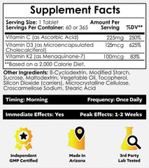 Nootropics Depot vitamin D3 + K2 + C tablets close-up showing tablet form.