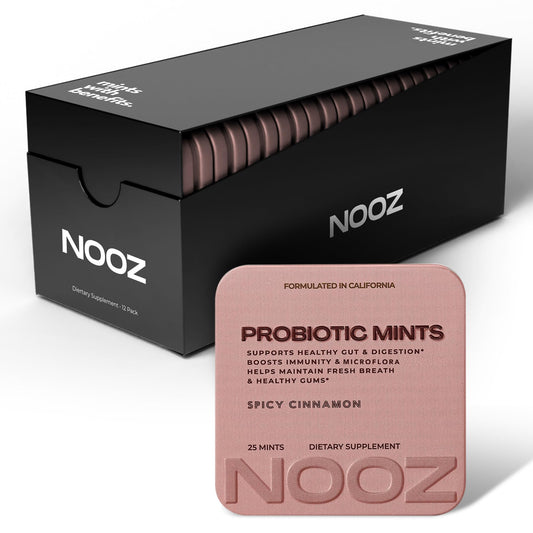NOOZ Probiotic Mints 12-pack tin front view for on-the-go gut and oral support.