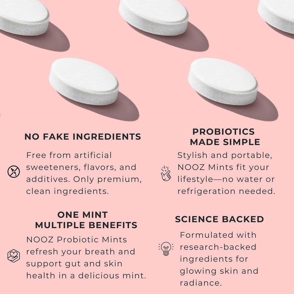 NOOZ Probiotic Mints pack closeup reveals refillable tin and clean packaging