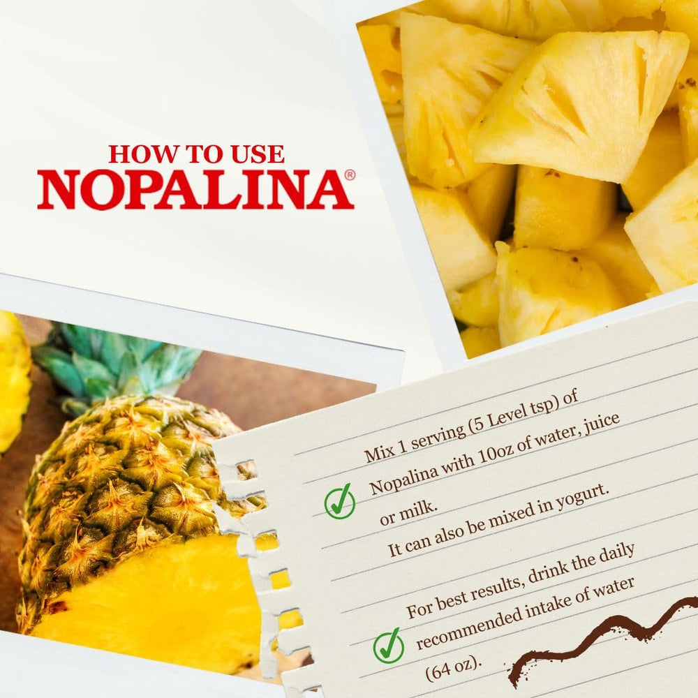 Nopalina Pineapple ingredients panel highlights flaxseed and psyllium components.
