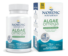 Nordic Naturals Algae Omega softgels bottle supports daily plant-based omega-3 intake.