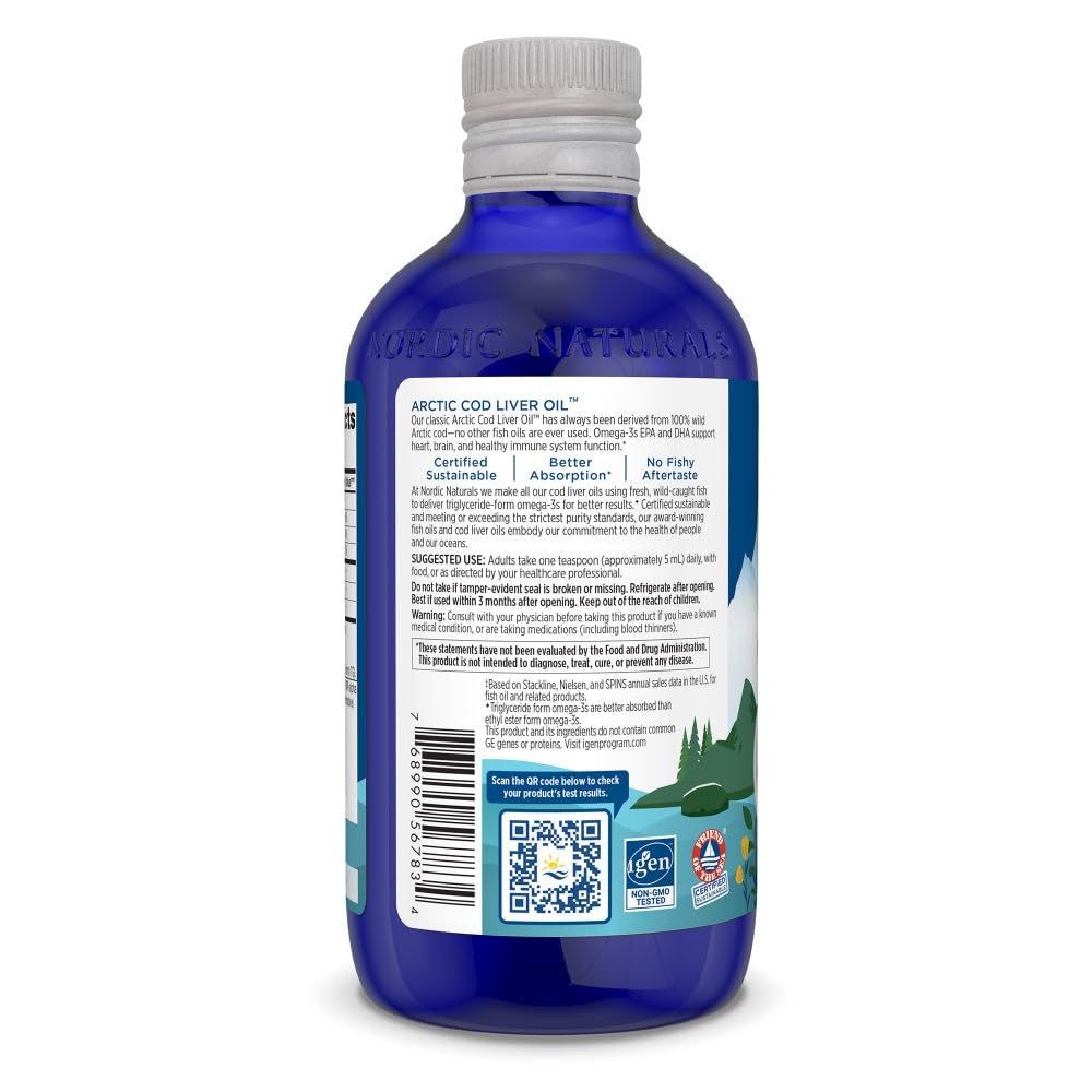 Nordic Naturals Arctic Cod Liver Oil strawberry bottle close-up in amber glass