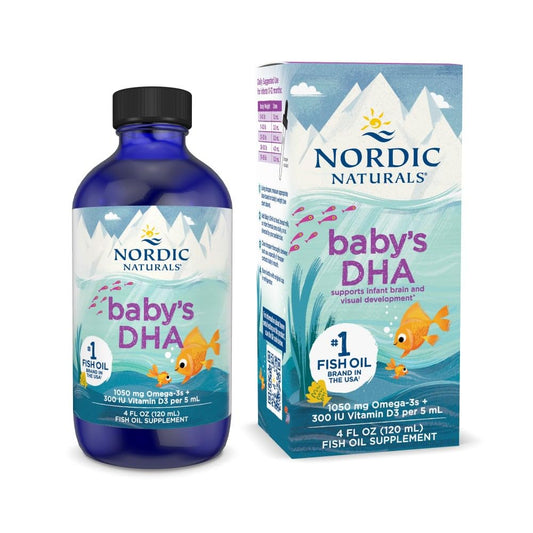Nordic Naturals Baby's DHA bottle, daily omega-3 intake support.