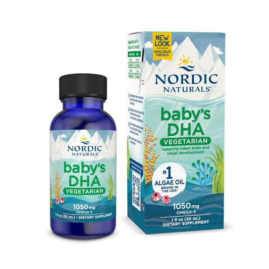 Nordic Naturals Baby’s DHA Vegetarian bottle with dropper for easy bottle supplementation.