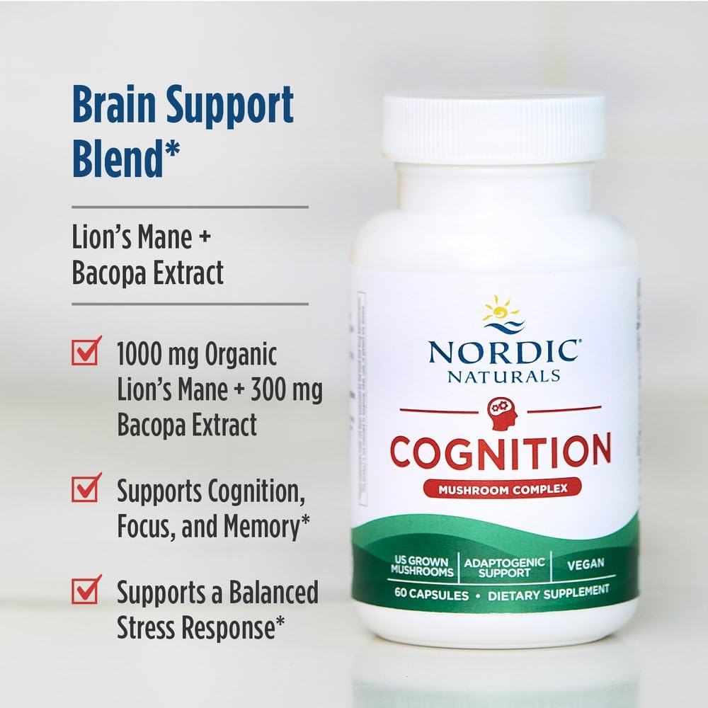 Nordic Naturals Cognition Mushroom Complex vegan non-GMO certification signals ethical sourcing.