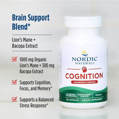 Nordic Naturals Cognition Mushroom Complex vegan non-GMO certification signals ethical sourcing.