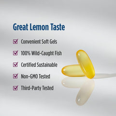 Nordic Naturals Complete Omega-D3 lemon soft gels on counter, non-GMO and dairy-free.