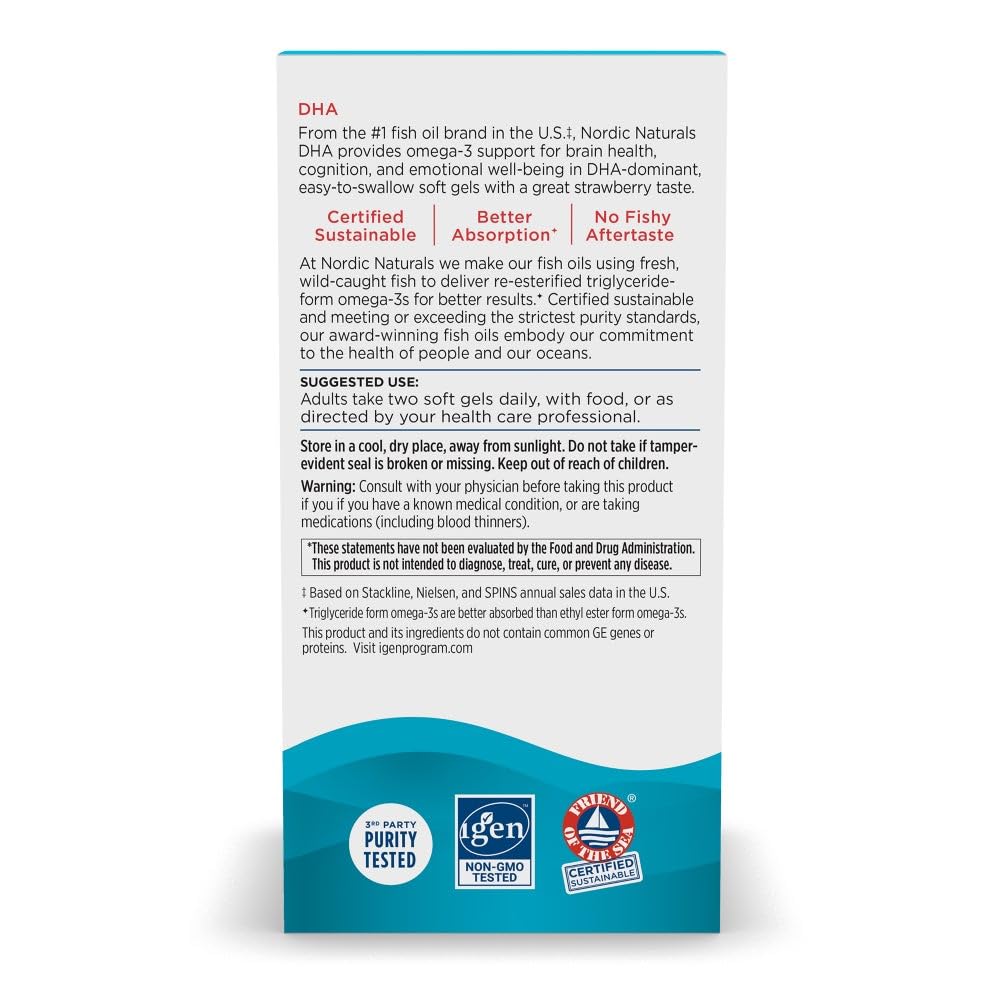 Nordic Naturals DHA front label close-up; clear purity and non-GMO claim.