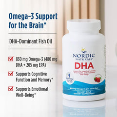 Nordic Naturals DHA nutrition facts panel close-up; transparent ingredient details.