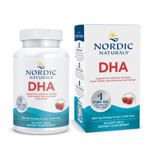 Nordic Naturals DHA Strawberry bottle with easy-to-swallow soft gels for daily brain support.