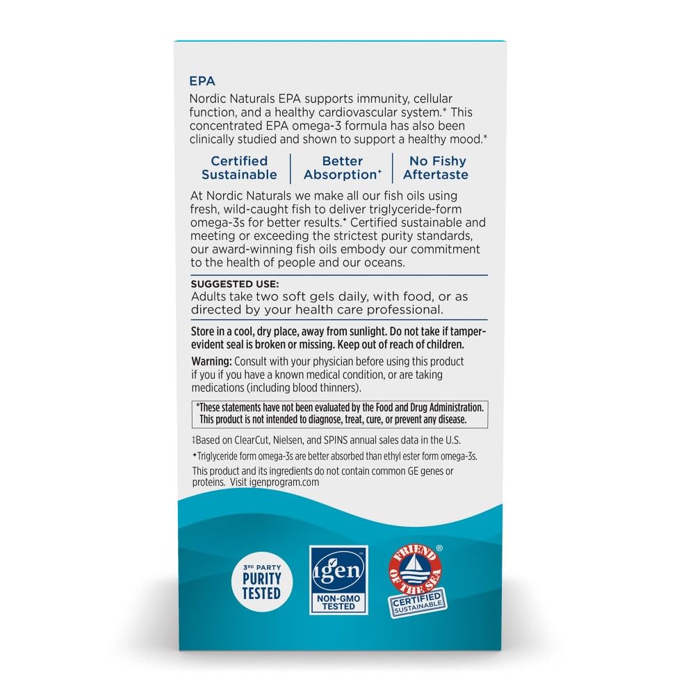 Nordic Naturals EPA Lemon soft gels label emphasizing purity and dietary options
