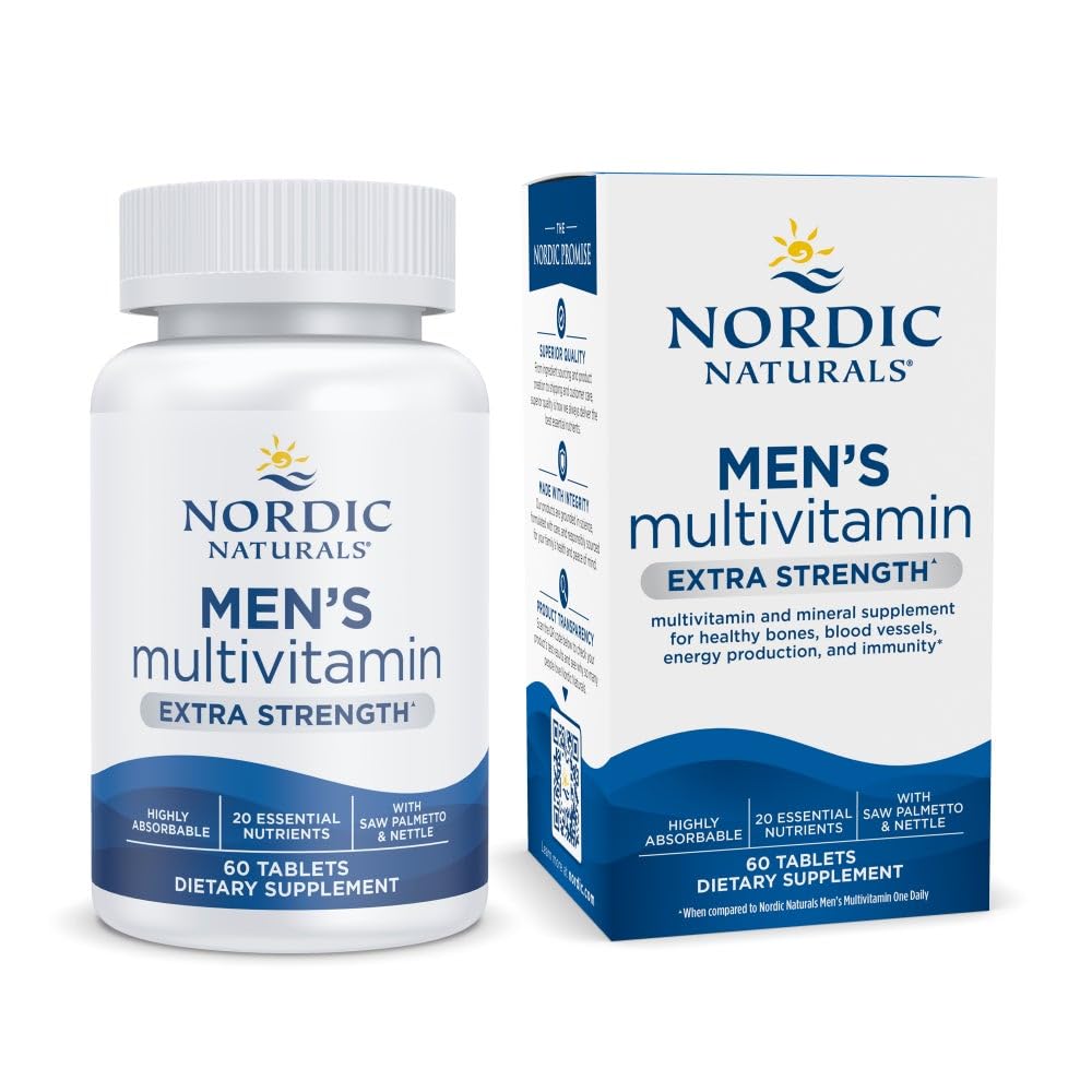 Nordic Naturals Men's Multivitamin Extra Strength bottle label showing broad nutrient blend for bone and immune support.